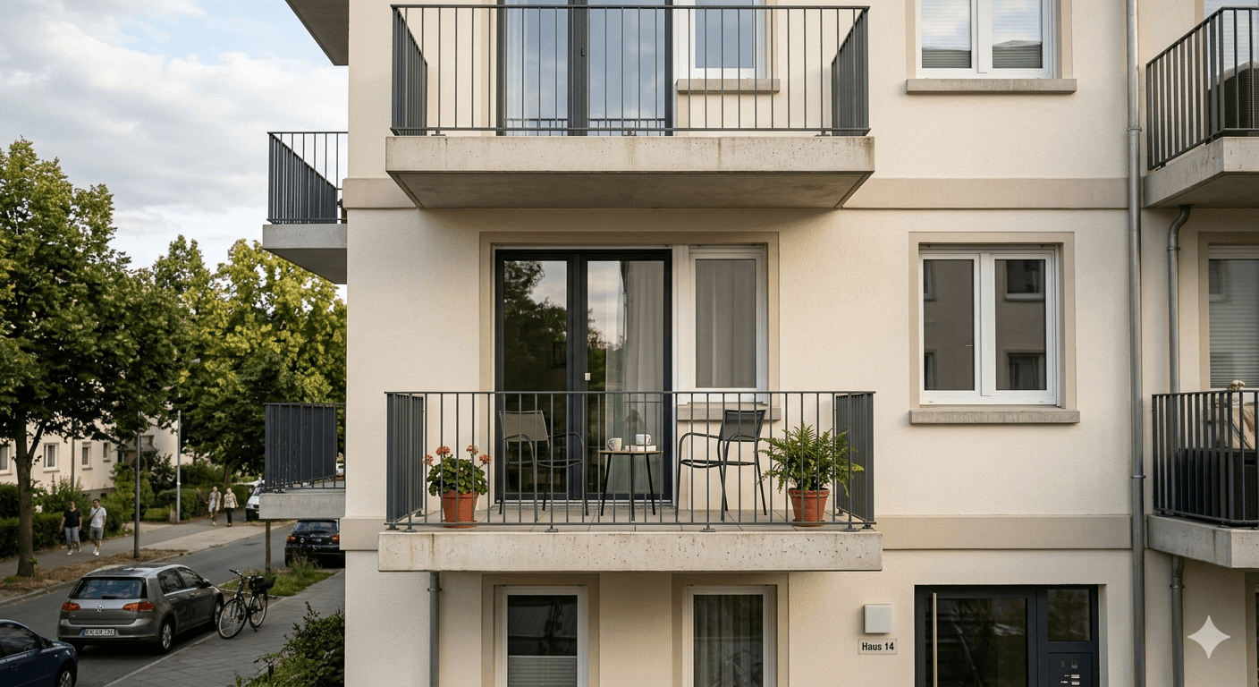 Ansicht eines Hauses von außen mit mehreren Balkonen
