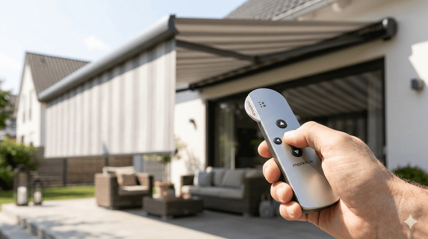 Ansicht einer Terrasse mit einer ausgefahrenen Markise. Die Hand im Vordergrund drückt auf den Handsender, damit die Markise ausfährt.