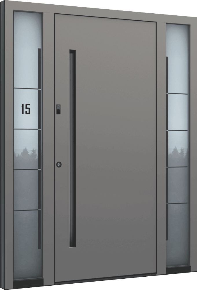 Aluminium Haustür in RAL 9007 mit schwarzem Griff und Fingerprint