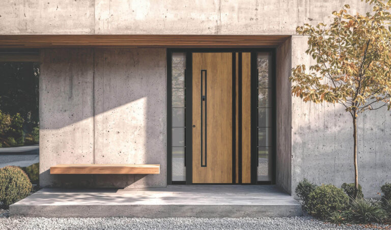 Aluminium Haustüre in Holzoptik in einem modernen Haus in Leichlingen