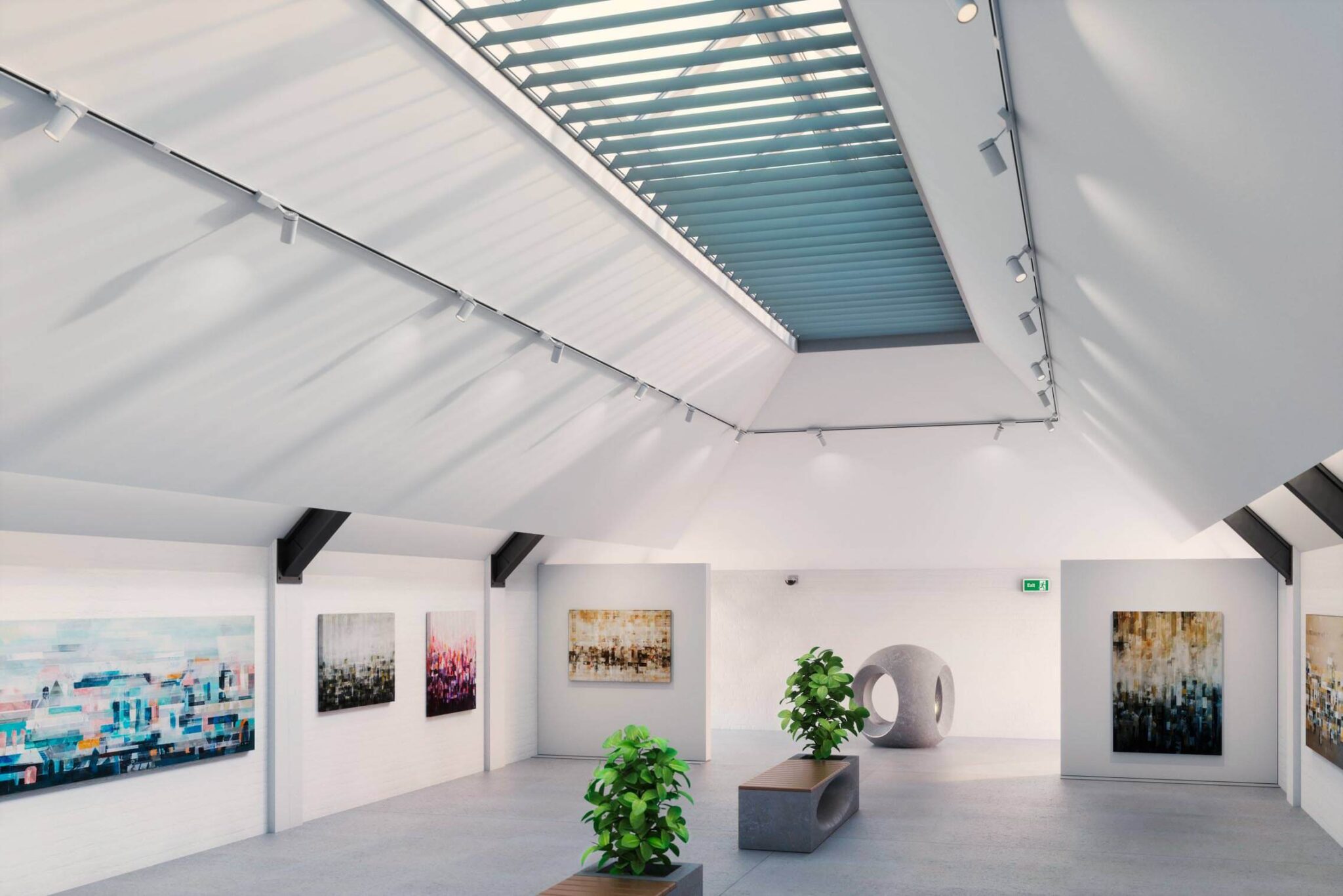 Moderne Galerie mit einer Dachkuppel. Die Dachkuppel hat einen Lamellenvorhang, der unter der Decke läuft.