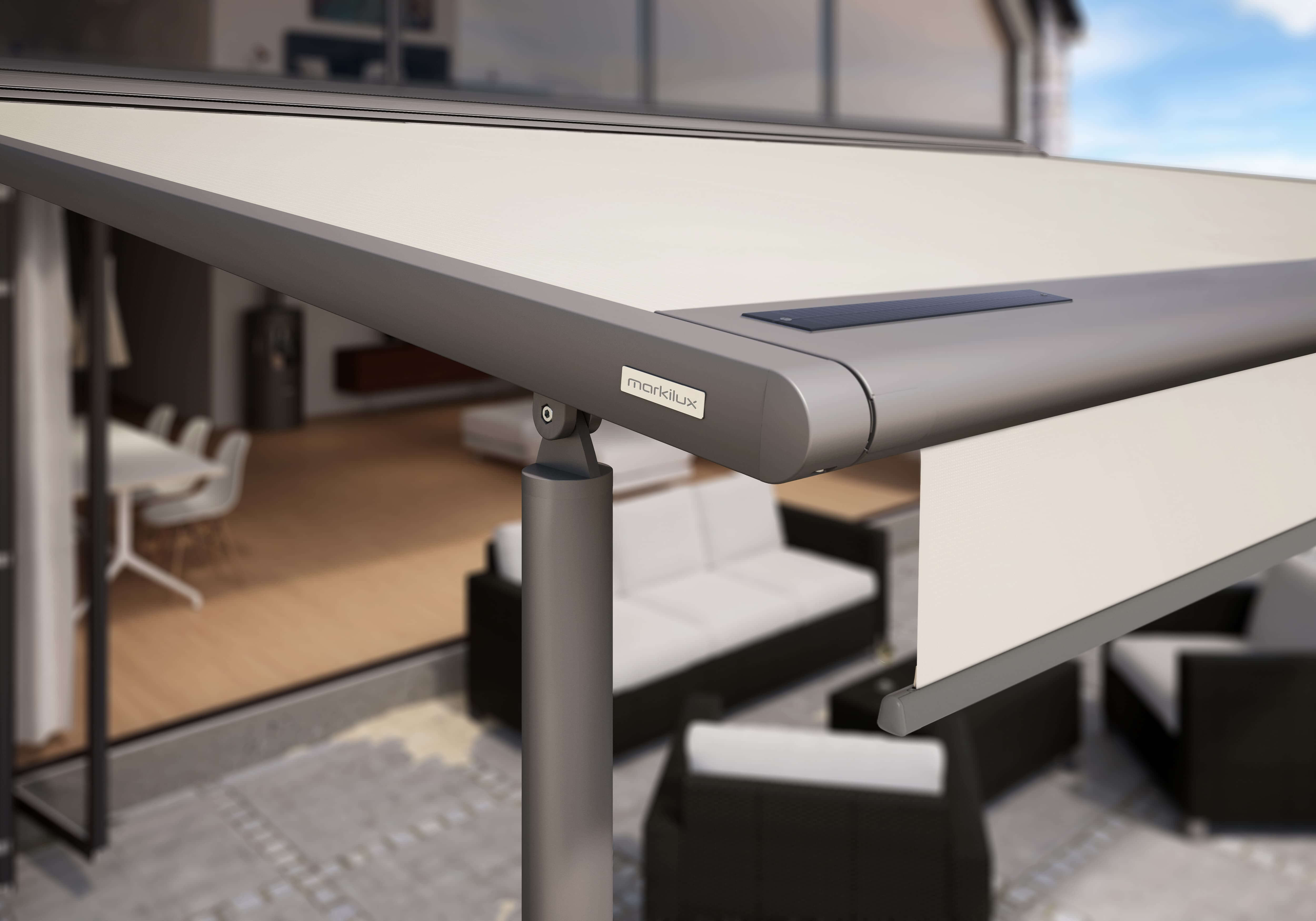 Detailaufnahme der Pergola Markise, wenn sie ausgefahren ist