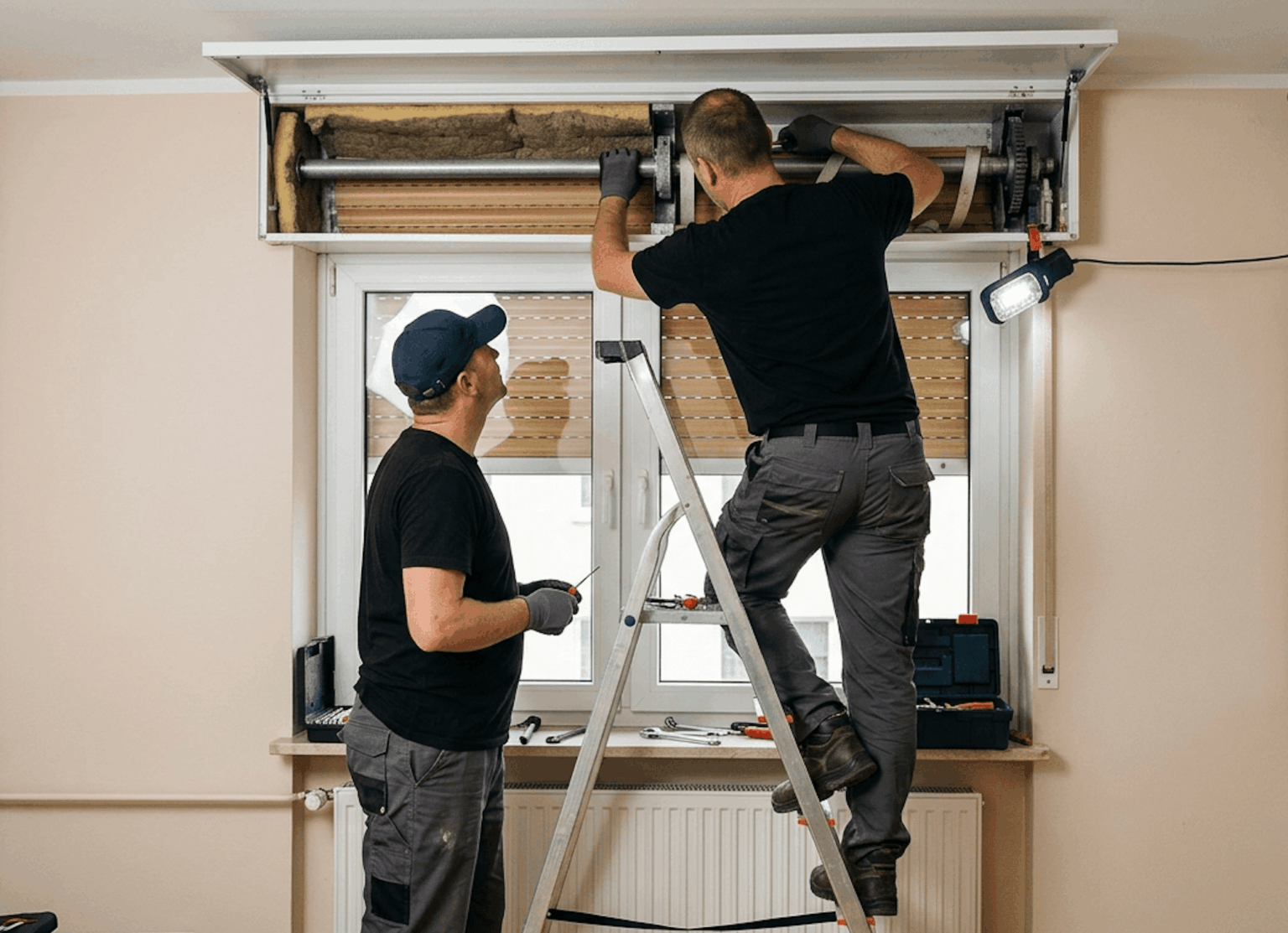 Zwei Monteure reparieren einen Rollladen von innen