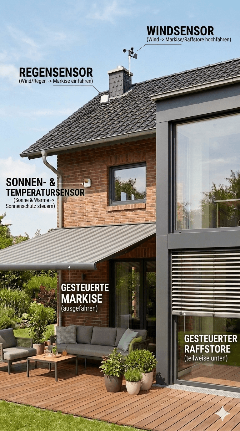 Ansicht eines Hauses von außen. An dem Haus ist eine Markise, ein Raffstore und ein Rollladen montiert. Diese werden durch SmartHome Produkte wie Wind, Wächter und Sonnen Wächter bewegt.
