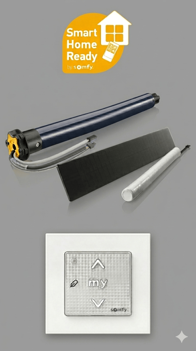 Ein SmartHome Logo, ein Rollladenrohr Motor mit Solarpaneel und Akku und ein Wandsender von Somfy. Alles zusammen ist es ein Umrüstset für einen Rollladen.