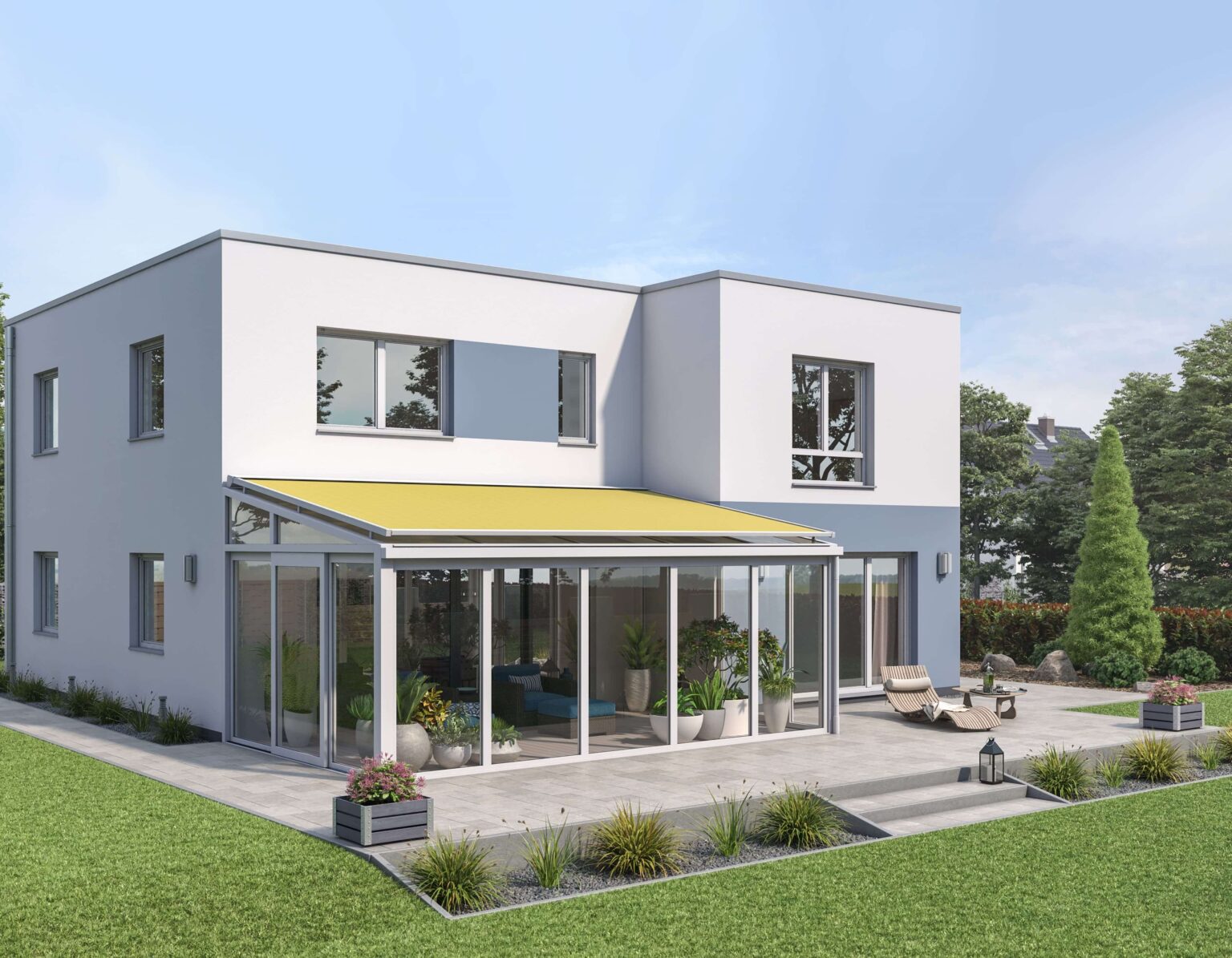 Aufglasmarkise auf einem Sommergarten an einem Einfamilienhaus