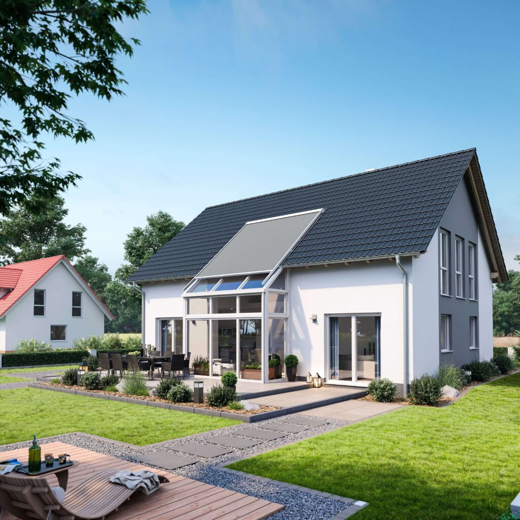 Wintergartenmarkise auf einem Wintergarten an einem Einfamilienhaus